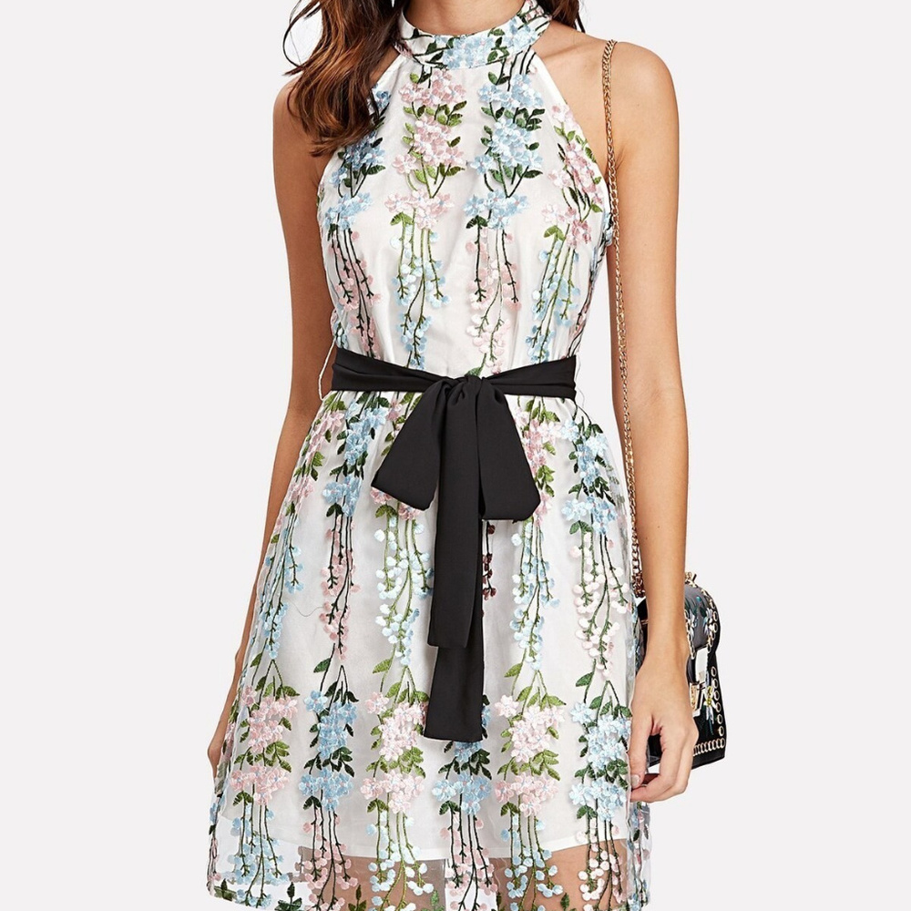 Embroidery Mesh Overlay Halter Dress delicate